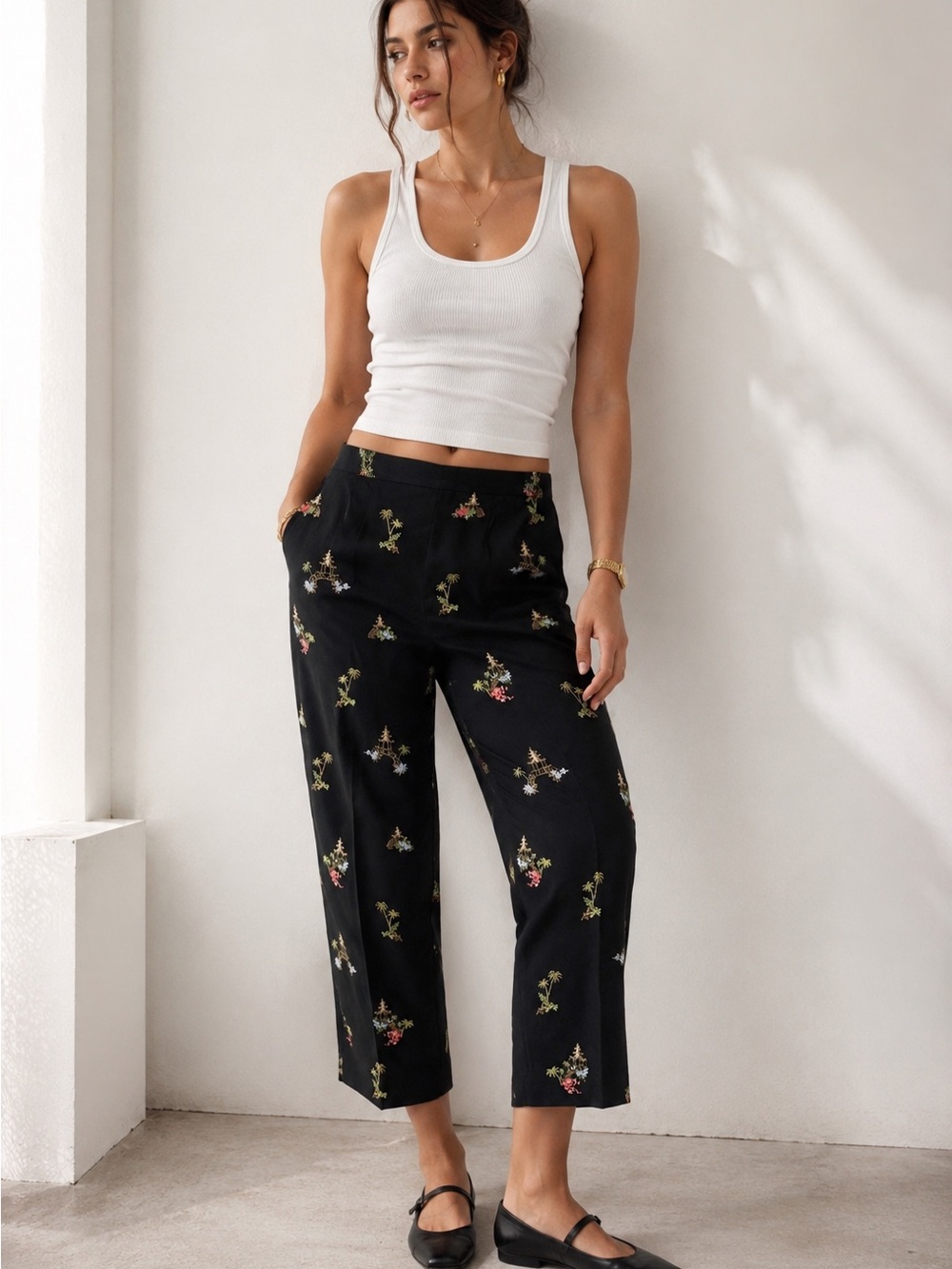 Vintage Talbots Petite Black Silk/Cotton Embroidered Capri Pants | Pagoda Print